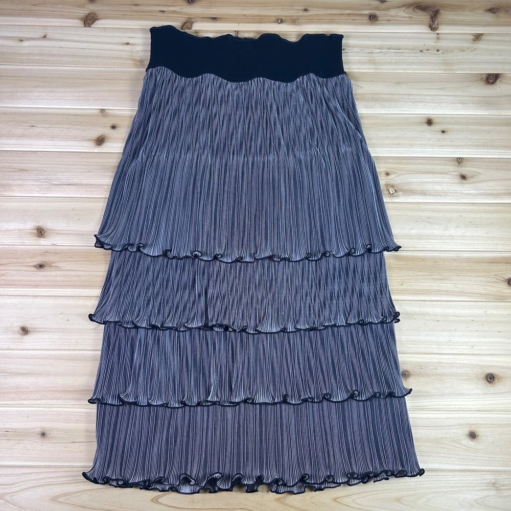 Puszta Skirt Womens Small Black Tiered Layered Pleated Floral Embellished Midi